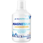 White bottle labeled AllNutrition Magnesium concentrate, orange-flavored dietary supplement, 500 ml; supports immunity and reduces fatigue on the label.