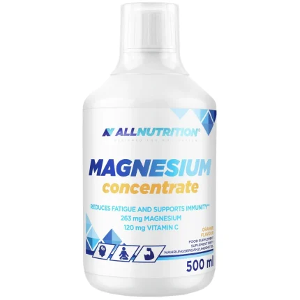 White bottle labeled AllNutrition Magnesium concentrate, orange-flavored dietary supplement, 500 ml; supports immunity and reduces fatigue on the label.
