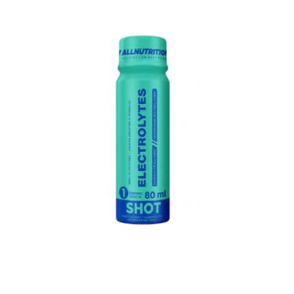Teal electrolyte shot bottle with vertical 'ELECTROLYTES' text and 80 ml capacity (single serving).
