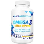 Bottle of AllNutrition Omega-3 Ultra Strong dietary supplement with 1500 mg EPA+DHA, triglyceride form, 90 softgels on a white background
