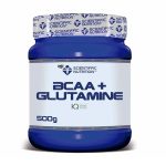 Blue jar of Scientific Nutrition BCAA + Glutamine supplement, 500 g. (informative product image)