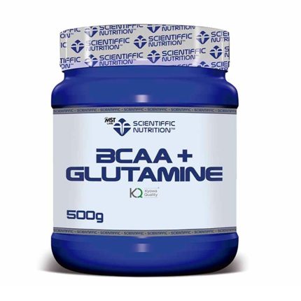 Blue jar of Scientific Nutrition BCAA + Glutamine supplement, 500 g. (informative product image)