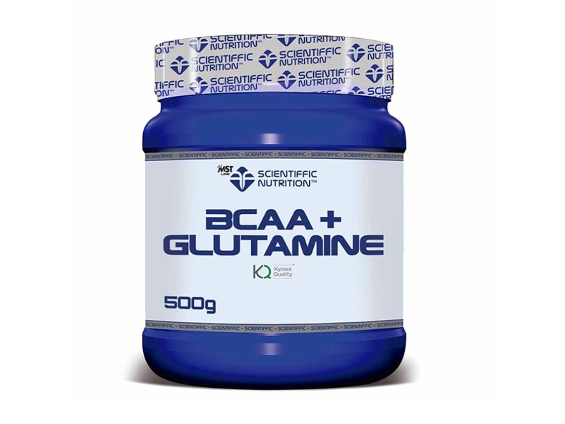 be4a3fd8c3098dda49873b4aed2b21c96947066e Blue jar of Scientific Nutrition BCAA + Glutamine supplement, 500 g. (informative product image)