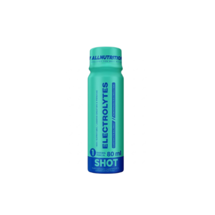 Teal electrolyte shot bottle with blue label reading 'ELECTROLYTES SHOT' and '80 ml' on a white background.
