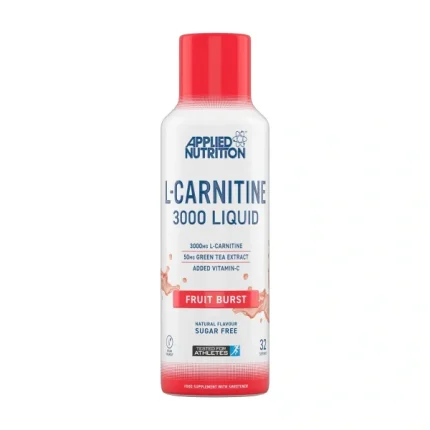 Bottle of L-Carnitine 3000 Liquid with red cap, fruit burst flavor, Applied Nutrition branding