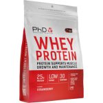 Pouch of PhD whey protein powder in white and red, labeled WHEY PROTEIN with strawberry flavor and nutrition highlights (25 g protein, low sugar, 30 servings).