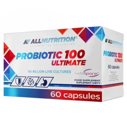 Box of All Nutrition Probiotic 100 Ultimate dietary supplement, 60 capsules, with blue/red design and product name visible