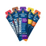A bundle of Velocity Fuel Sprint energy gel sachets arranged like a bouquet, showing blue packaging and bright flavor labels such as isotonic energy gel with caffeine (blackcurrant).
