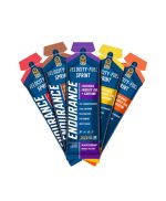 A bundle of Velocity Fuel Sprint energy gel sachets arranged like a bouquet, showing blue packaging and bright flavor labels such as isotonic energy gel with caffeine (blackcurrant).