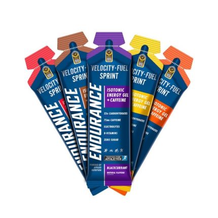 A bundle of Velocity Fuel Sprint energy gel sachets arranged like a bouquet, showing blue packaging and bright flavor labels such as isotonic energy gel with caffeine (blackcurrant).