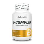 Front view of a BioTechUSA B-Complex food supplement bottle with a white body and yellow accent band showing the large 'B' symbol on the label
