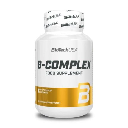 Front view of a BioTechUSA B-Complex food supplement bottle with a white body and yellow accent band showing the large 'B' symbol on the label