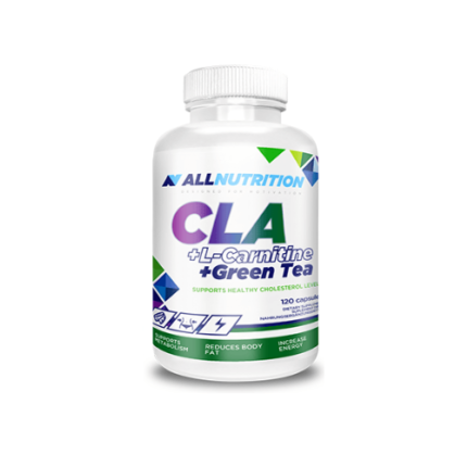 Bottle of AllNutrition CLA + L-Carnitine + Green Tea dietary supplement, white container with purple and green label, 120 capsules.