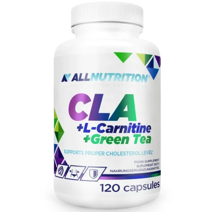 Bottle of All Nutrition CLA + L-Carnitine + Green Tea dietary supplement, 120 capsules, white bottle with colorful label pieces.