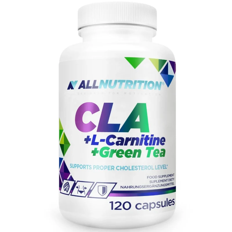 Bottle of All Nutrition CLA + L-Carnitine + Green Tea dietary supplement, 120 capsules, white bottle with colorful label pieces.