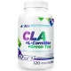 Bottle of All Nutrition CLA + L-Carnitine + Green Tea dietary supplement, 120 capsules, white bottle with colorful label pieces.