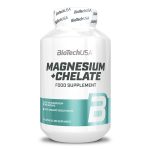 White supplement bottle labeled BioTechUSA Magnesium + Chelate with teal band, 60 capsules (60 servings) on a white background.