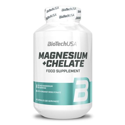 White supplement bottle labeled BioTechUSA Magnesium + Chelate with teal band, 60 capsules (60 servings) on a white background.