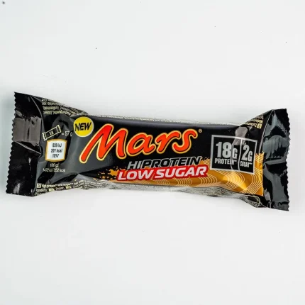 Mars protein bar in a black wrapper with 'Low Sugar' and '18g Protein' branding, labeled NEW Mars Hiprotein Low Sugar promotional bar