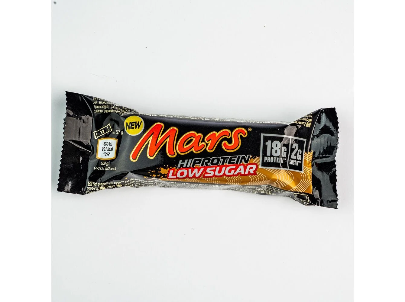 marrs Mars protein bar in a black wrapper with 'Low Sugar' and '18g Protein' branding, labeled NEW Mars Hiprotein Low Sugar promotional bar