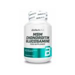Bottle of BioTechUSA MSM Chondroitin Glucosamine dietary supplement with teal label and large 'B' graphic on white bottle, product image.