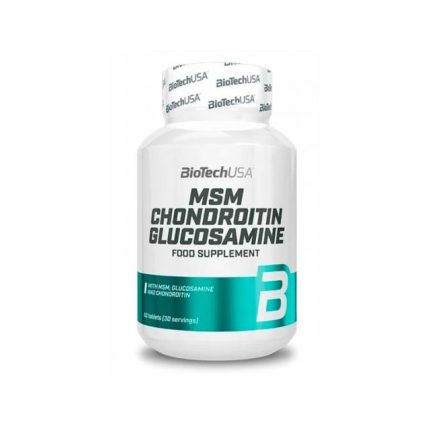 Bottle of BioTechUSA MSM Chondroitin Glucosamine dietary supplement with teal label and large 'B' graphic on white bottle, product image.