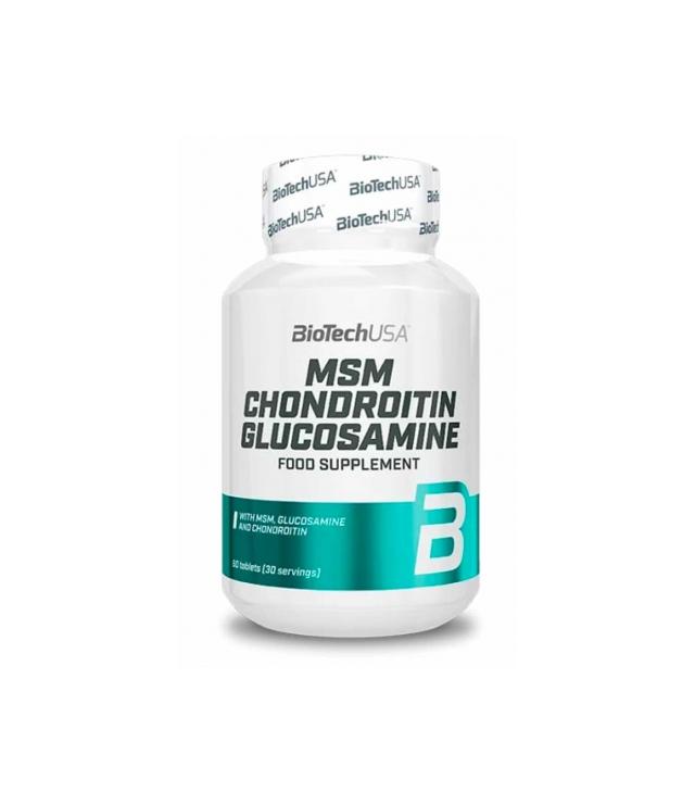 msm_condro_60_NEW_MED Bottle of BioTechUSA MSM Chondroitin Glucosamine dietary supplement with teal label and large 'B' graphic on white bottle, product image.