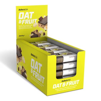 Bright yellow BioTechUSA OAT & FRUIT display box with stacked oat bars and chocolate pieces on the packaging