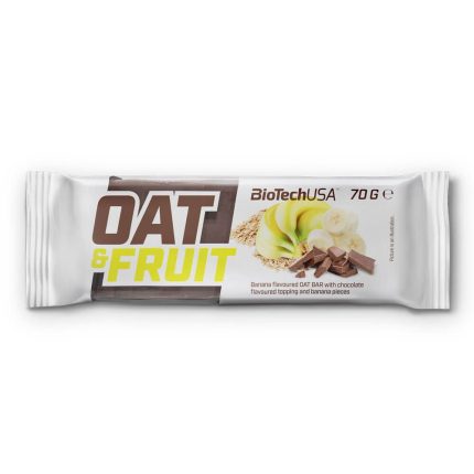 OAT & FRUIT banana-flavoured oat bar wrapper with chocolate topping on white packaging
