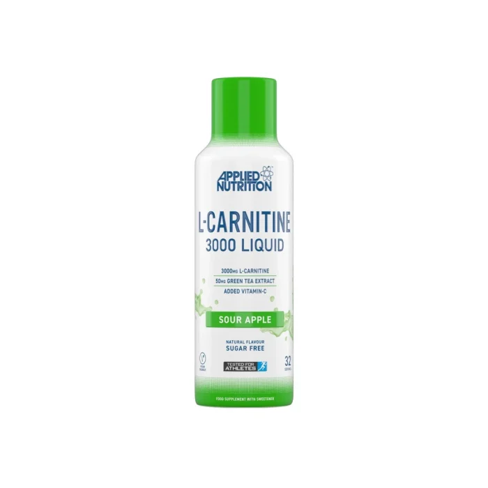 Bottle of Applied Nutrition L-Carnitine 3000 Liquid with a green cap, Sour Apple flavor (sugar free).