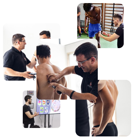 Two fitness therapists examine a shirtless man's back while a third trainer assists nearby in a gym setting.
