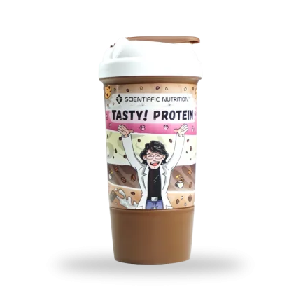 Protein shaker bottle labeled 'Tasty! Protein' with a cheering cartoon character on the wrap, chocolate-brown drink visible inside.