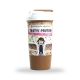 Protein shaker bottle labeled 'Tasty! Protein' with a cheering cartoon character on the wrap, chocolate-brown drink visible inside.