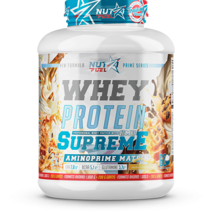 White tub of whey protein supplement with bold gray 'WHEY' and blue 'PROTEIN SUPREME' text on the label, blue cap, and dynamic graphics suggesting flavor and energy (vanilla caramel).
