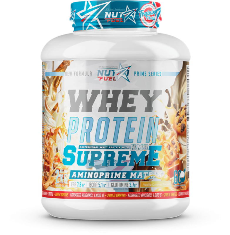 White tub of whey protein supplement with bold gray 'WHEY' and blue 'PROTEIN SUPREME' text on the label, blue cap, and dynamic graphics suggesting flavor and energy (vanilla caramel).
