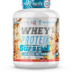 White tub of whey protein supplement with bold gray 'WHEY' and blue 'PROTEIN SUPREME' text on the label, blue cap, and dynamic graphics suggesting flavor and energy (vanilla caramel).