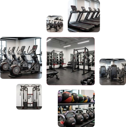 Gym interior collage showing treadmills, cardio machines, free weights, and weight machines in a spacious facility.