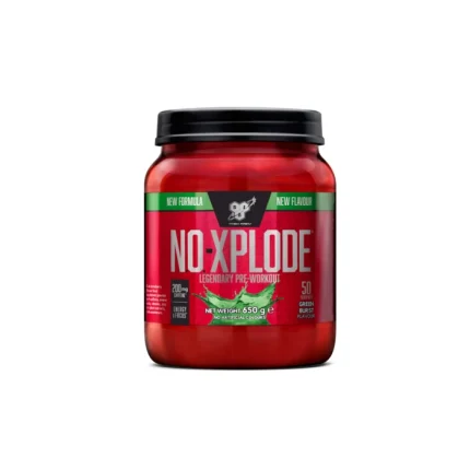 Red NO-Xplode pre-workout supplement tub with black lid, brand label visible on the front (650 g).