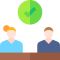 Two people sit across from each other at a table, with a large green checkmark overhead indicating approval.