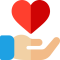 Red heart hovering above an open cupped hand, symbolizing care and giving