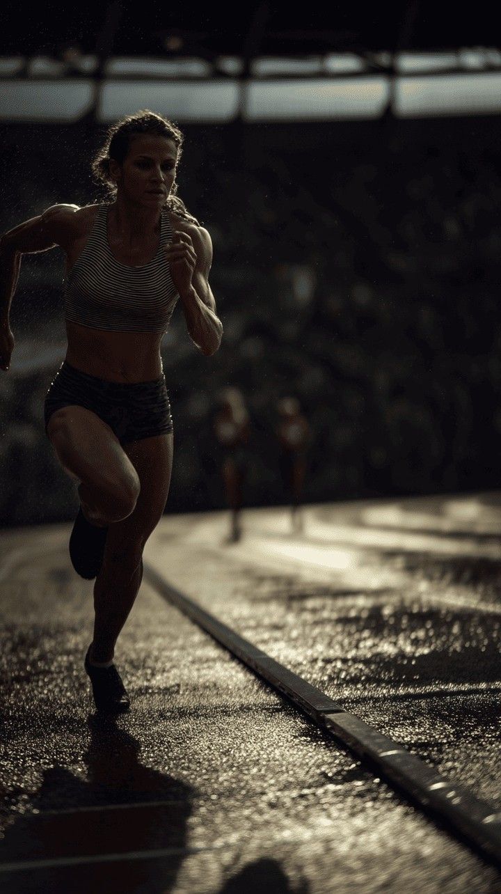 Female athlete sprinting on a wet track with a dark, blurred stadium background.