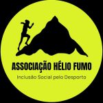Logo of Associação HÉLIO FUMO: climber on a rock silhouette inside a neon-yellow circle, with 'ASSOCIAÇÃO HÉLIO FUMO' and 'Inclusão Social pelo Desporto' text