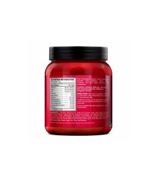 Red plastic jar with a black lid; nutrition facts panel visible on the back label.