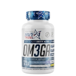 White bottle of NutriFuel OM3GA omega-3 dietary supplement with a blue cap, labeled high-quality fatty acids with vitamins and large 'OM3GA' text.