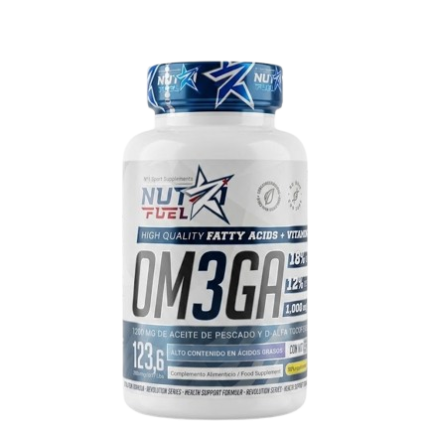 White bottle of NutriFuel OM3GA omega-3 dietary supplement with a blue cap, labeled high-quality fatty acids with vitamins and large 'OM3GA' text.