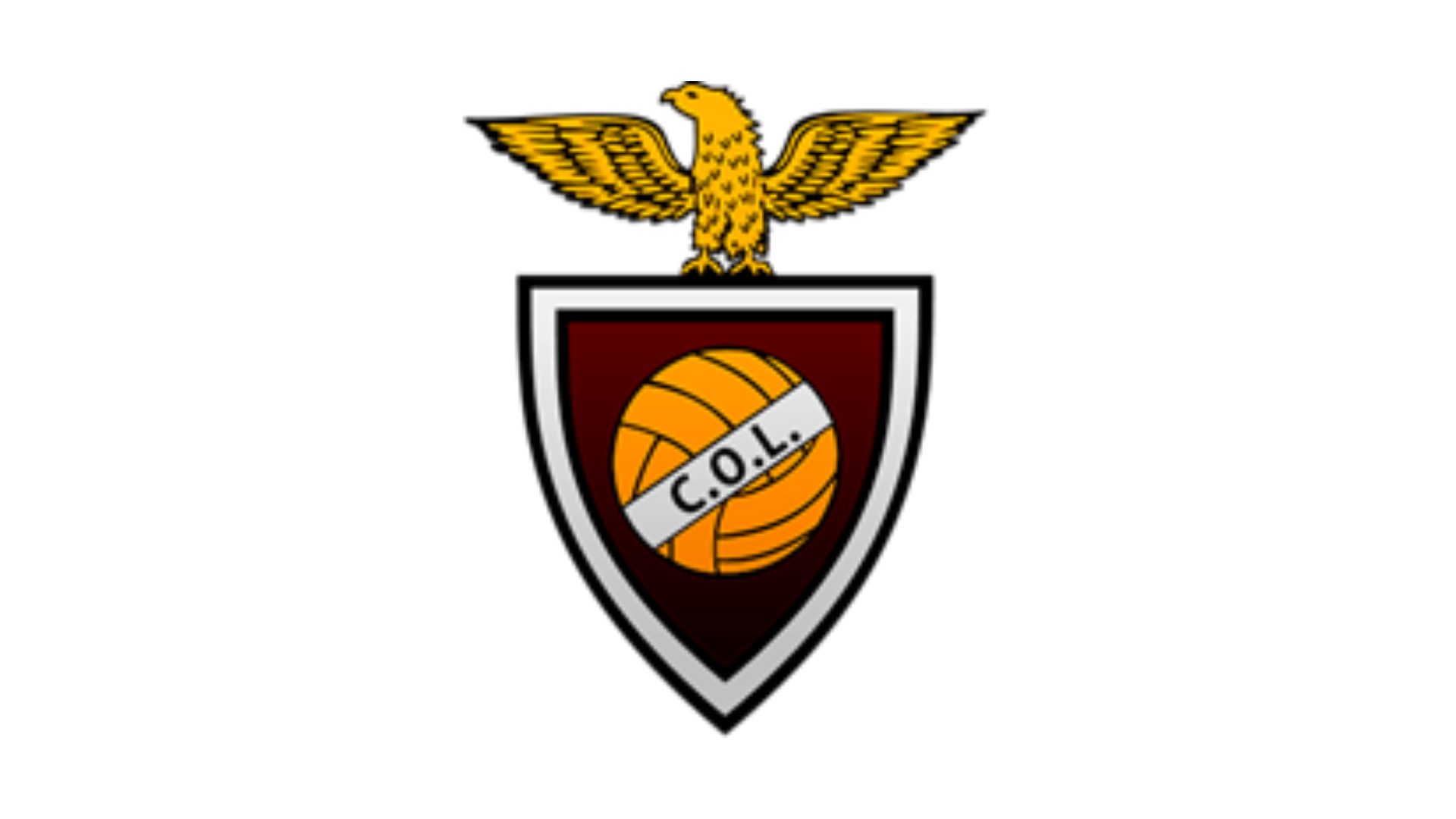 Golden eagle perched above a maroon shield with a white border and an orange volleyball labeled ‘C.O.L.’ in the center