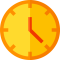 Bright orange circular clock with a yellow face and red hands showing about 4:25.