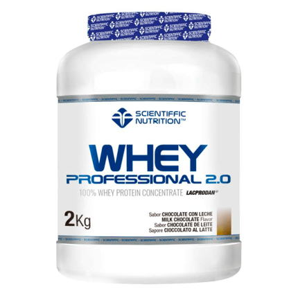 Container of Scientific Nutrition Whey Professional 2.0 whey protein, 2 kg, chocolate milk flavor