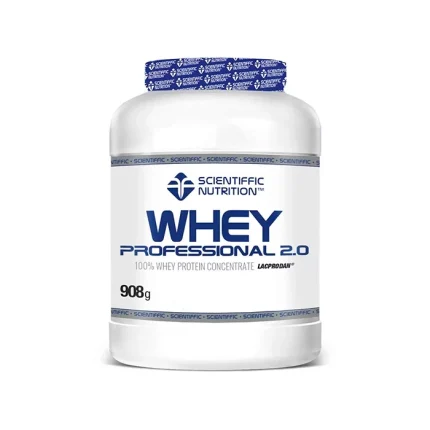 White tub of Scientific Nutrition Whey Professional 2.0 protein powder, 908 g, with blue label and seal cap