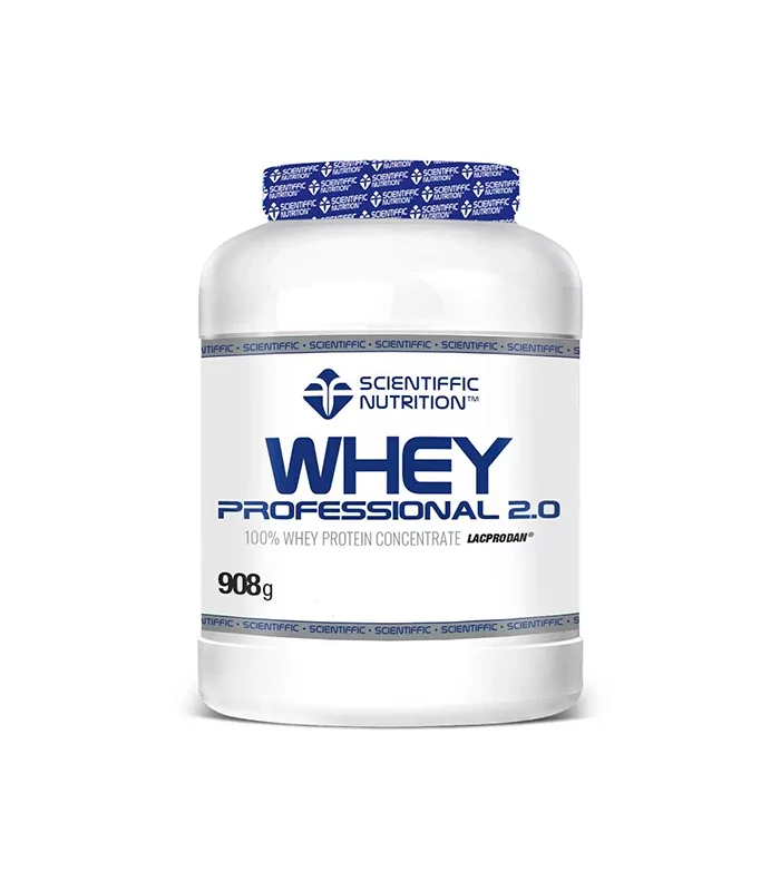 White tub of Scientific Nutrition Whey Professional 2.0 protein powder, 908 g, with blue label and seal cap